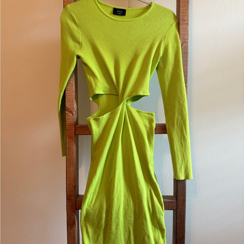 Vici Neon Green Long Sleeve Cutout Dress